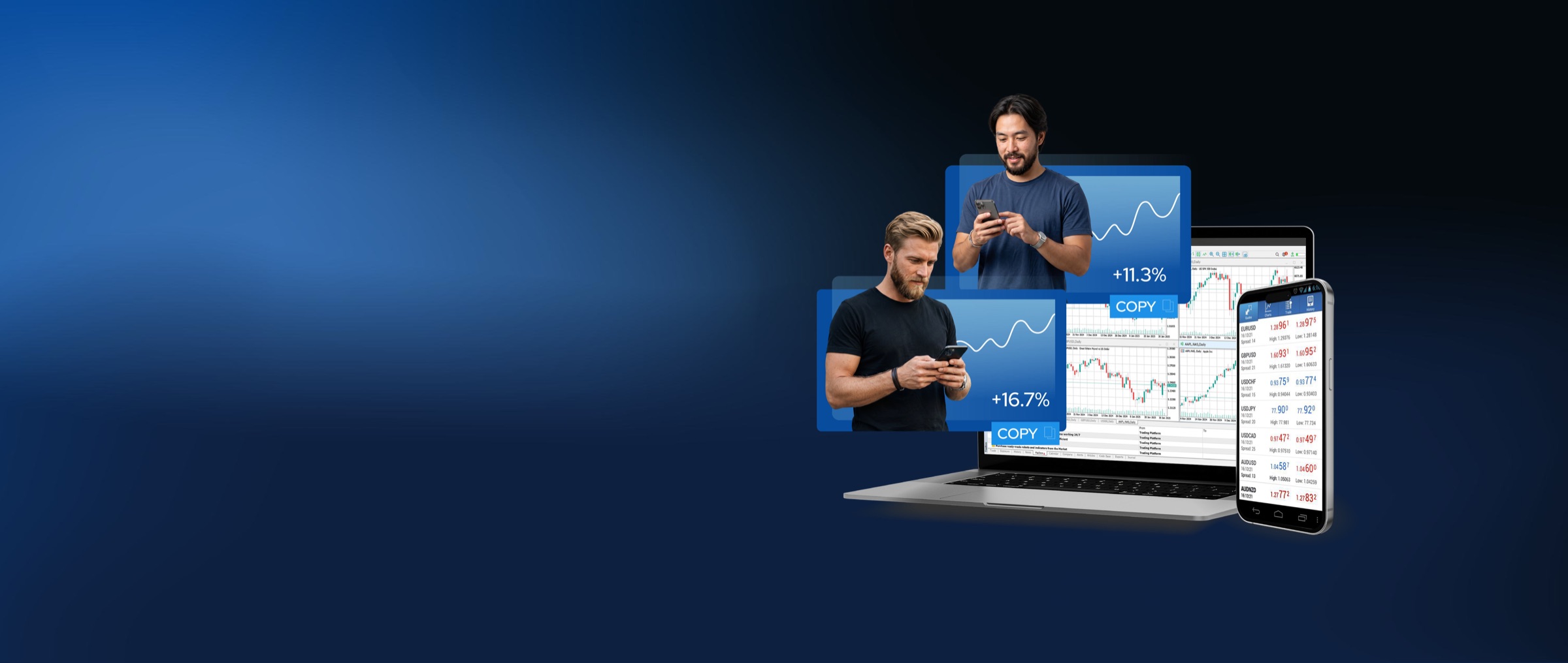 Traders with phones in front of copy trading platforms on a laptop and a phone
