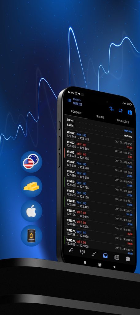 Trading app positions on a phone with currency, gold, Apple and oil icons
