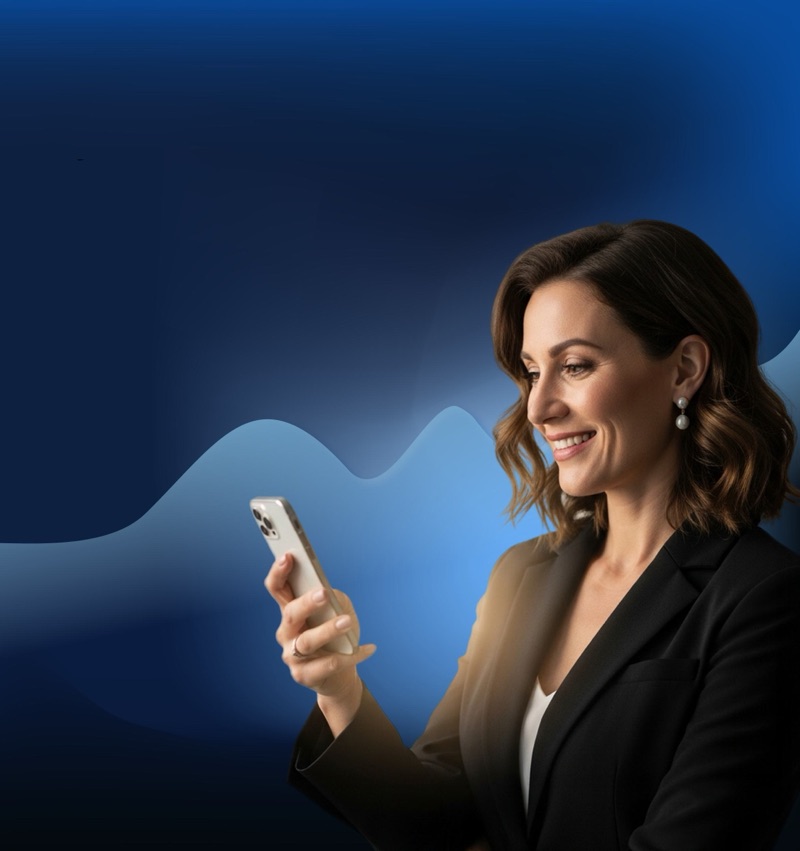 Smiling woman using a trading app on her phone