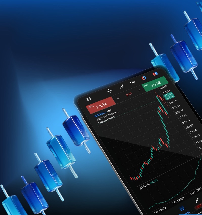 Trading app with a candlestick chart on a phone